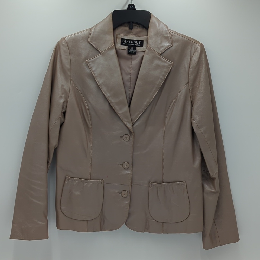 Dialogue Metallic Tan Leather Blazer Dressy Small Button Jacket Modern Workwear